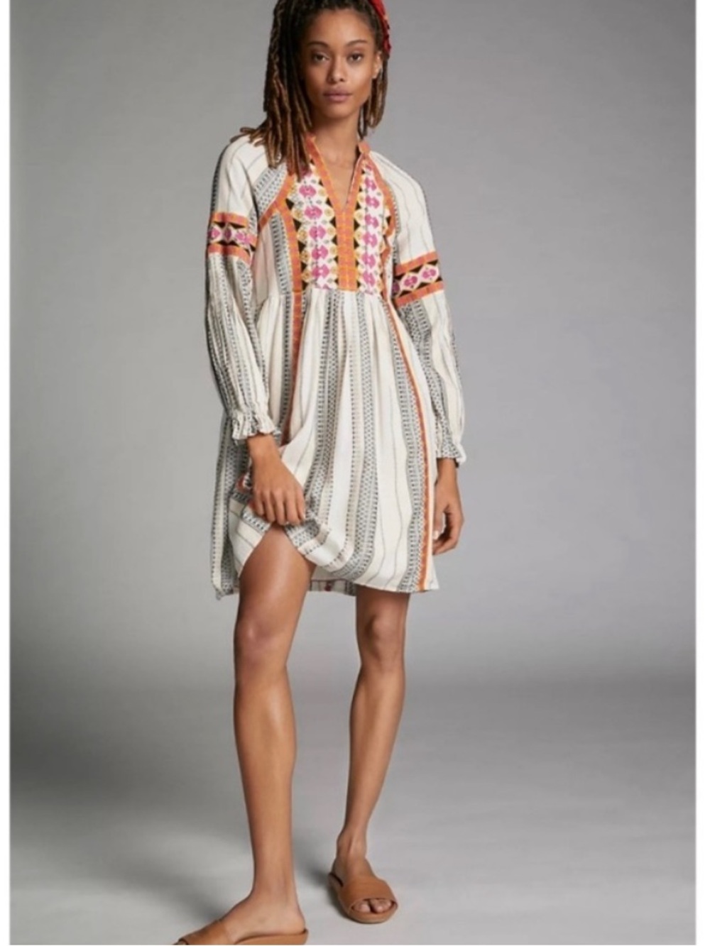 BOGO! Anthropologie Lottie Dress Embroidered Boho Cotton Cream Black Medium